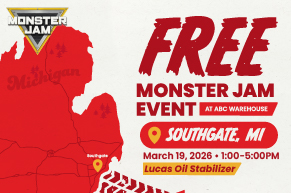 Promotional graphic for a free Monster Jam event at ABC Warehouse in Southgate, MI on March 19, 2026 from 1:00–5:00 PM, featuring a red Michigan map and Monster Jam branding with the Lucas Oil truck mentioned.