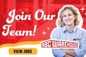 Join Our Team hiring banner featuring an ABC Warehouse employee, the ABC Warehouse logo, and a View Jobs call-to-action on a red background.
