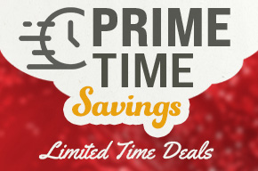 Prime Time Savings promotion featuring a clock icon, limited-time deals messaging, and a red sale-themed background.