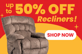 Recliner sale banner featuring a brown reclining chair with savings up to 50% off.