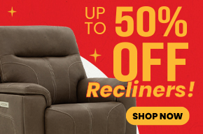 Recliner sale banner featuring a brown reclining chair with savings up to 50% off.
