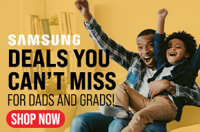  Samsung Deals You Can't Miss for Dads and Grads promotion featuring a father and child celebrating together on a yellow background. Shop Samsung TVs. Shop Now.