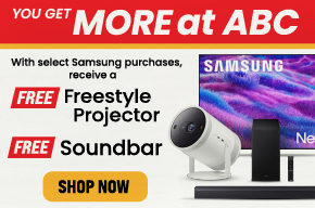 Samsung promotion banner advertising a free Freestyle Projector and free Soundbar with select Samsung purchases, featuring a Samsung TV, projector, soundbar, and a Shop Now button.