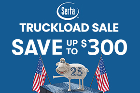 Serta Truckload Sale banner offering savings up to $300 with sheep mascot and American flags.