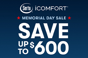  Serta iComfort Memorial Day mattress sale banner advertising savings up to $600 on select mattresses.