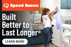Speed Queen Built Better to Last® promotional banner showing a person loading laundry into a front-load washer in a modern laundry room with a Learn More button.