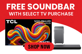 TCL SQD-Mini LED TV with free soundbar on select TV purchases, featuring a Shop Now button.