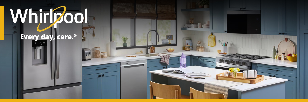 Whirlpool kitchen appliances featuring a stainless steel French door refrigerator, dishwasher, gas range, and over-the-range microwave in a modern kitchen with blue cabinets.