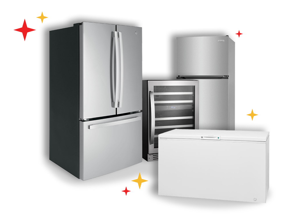 Refrigerator lifestyle images featuring French door, beverage center, top freezer, and chest freezer styles