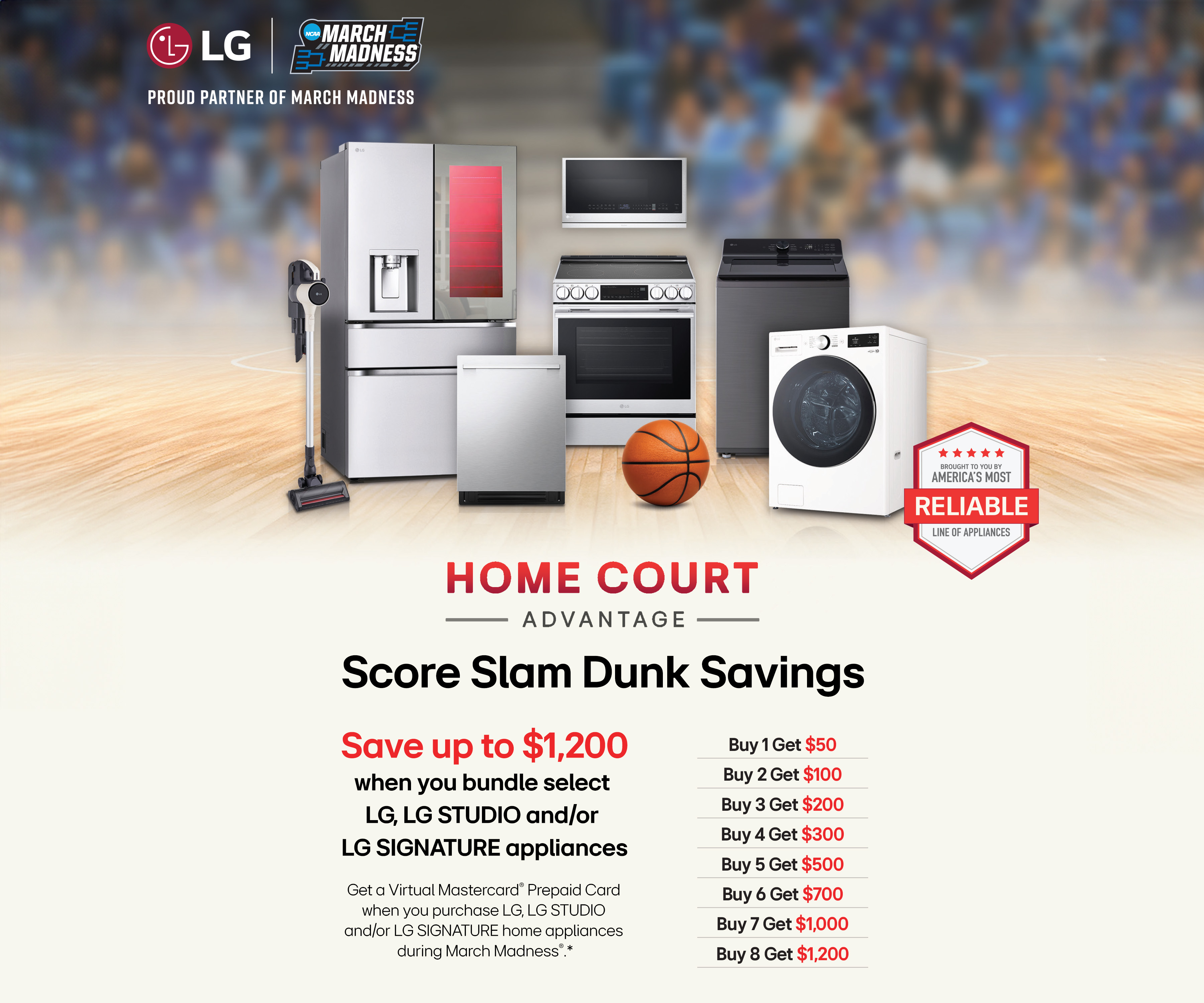 LG March Madness Home Court Advantage promotion featuring kitchen and laundry appliances with Slam Dunk Savings bundle offer up to $1,200.