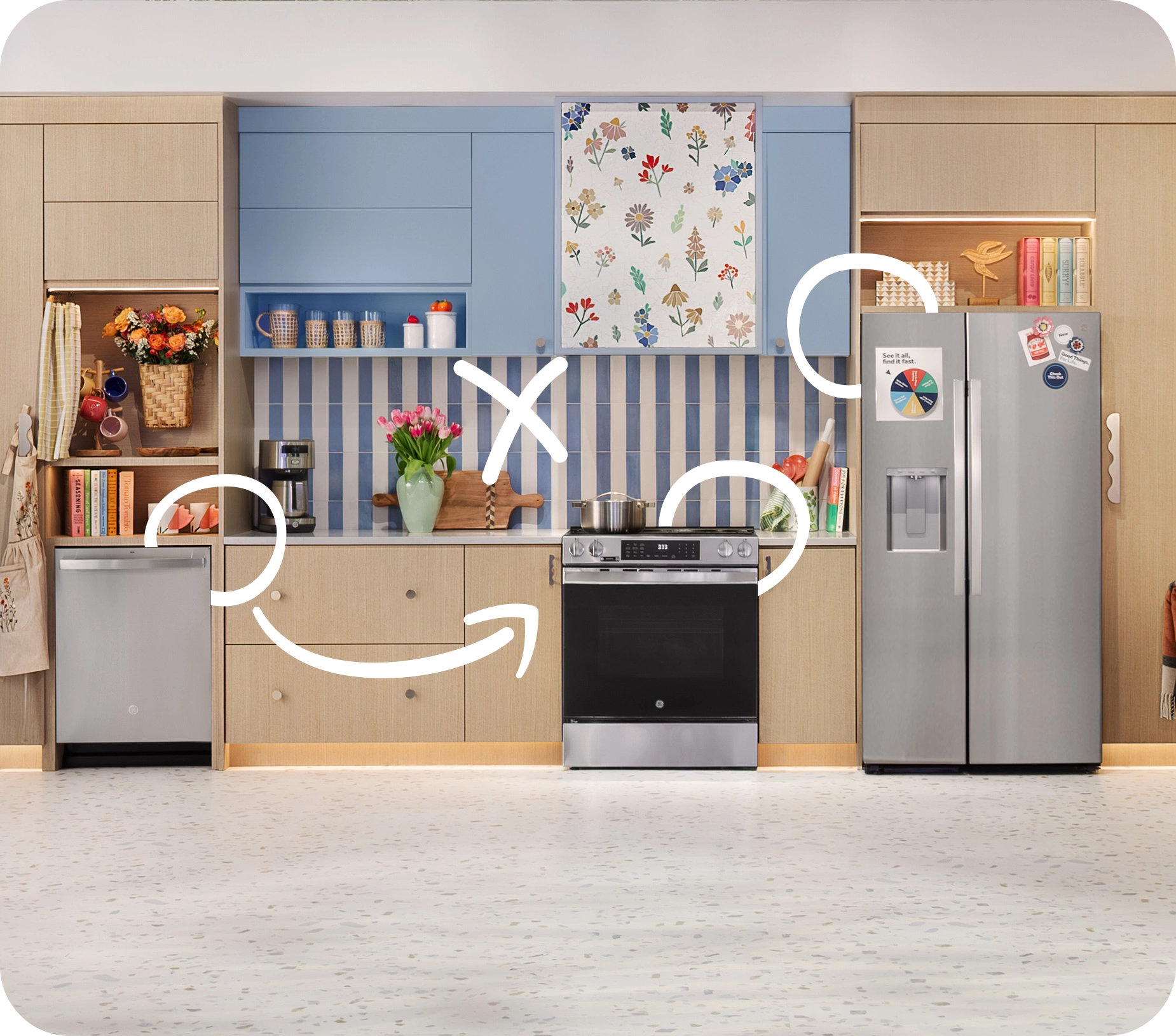 GE Appliances kitchen featuring a refrigerator, range and dishwasher