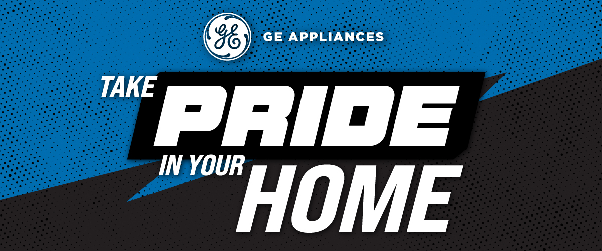 GE Appliances Take Pride in Your Home promotion featuring appliance and TV icons on a Detroit Lions-themed blue background.