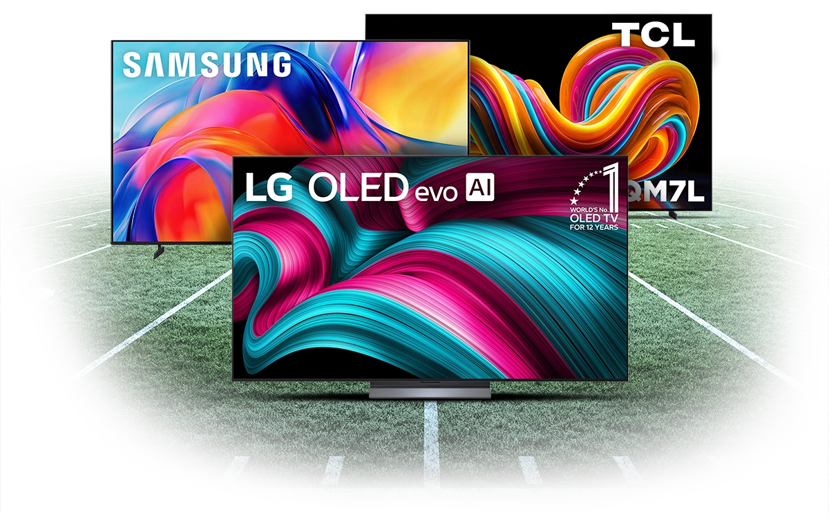 Samsung, LG OLED evo and TCL televisions on a football field