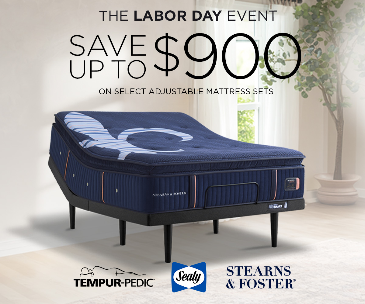 Tempur-Pedic, Sealy, and Stearns & Foster Labor Day Event banner featuring an adjustable mattress set with savings up to $900 on select adjustable mattress sets.