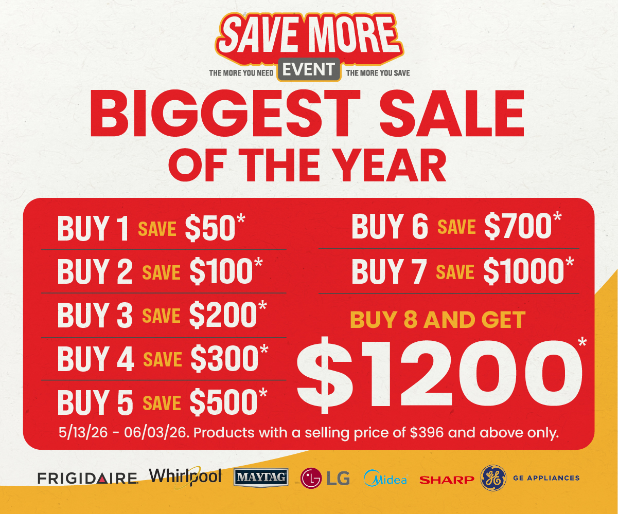 Save More Event biggest sale of the year promotion featuring Midea, Sharp, and Napoleon with multi-item appliance savings up to $1,200 at ABC Warehouse.