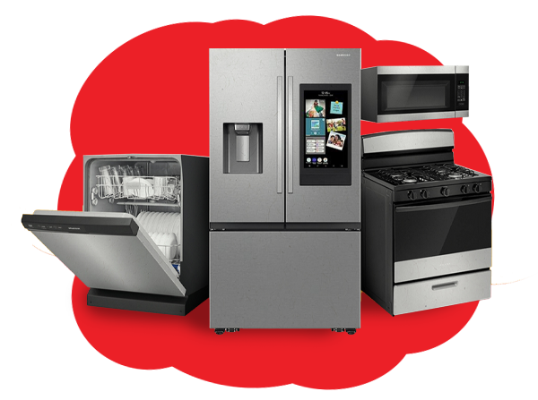 Appliance package graphic featuring a smart refrigerator, gas range, microwave, and dishwasher on a red background for ABC Warehouse appliance promotions.