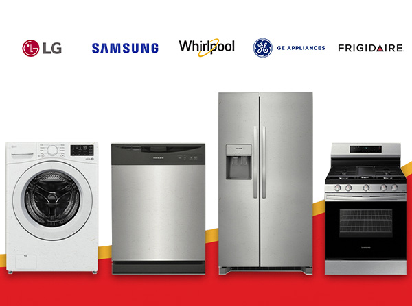 Shop appliances from top brands including LG, Samsung, Whirlpool, GE Appliances, and Frigidaire with washer, dishwasher, refrigerator, and range