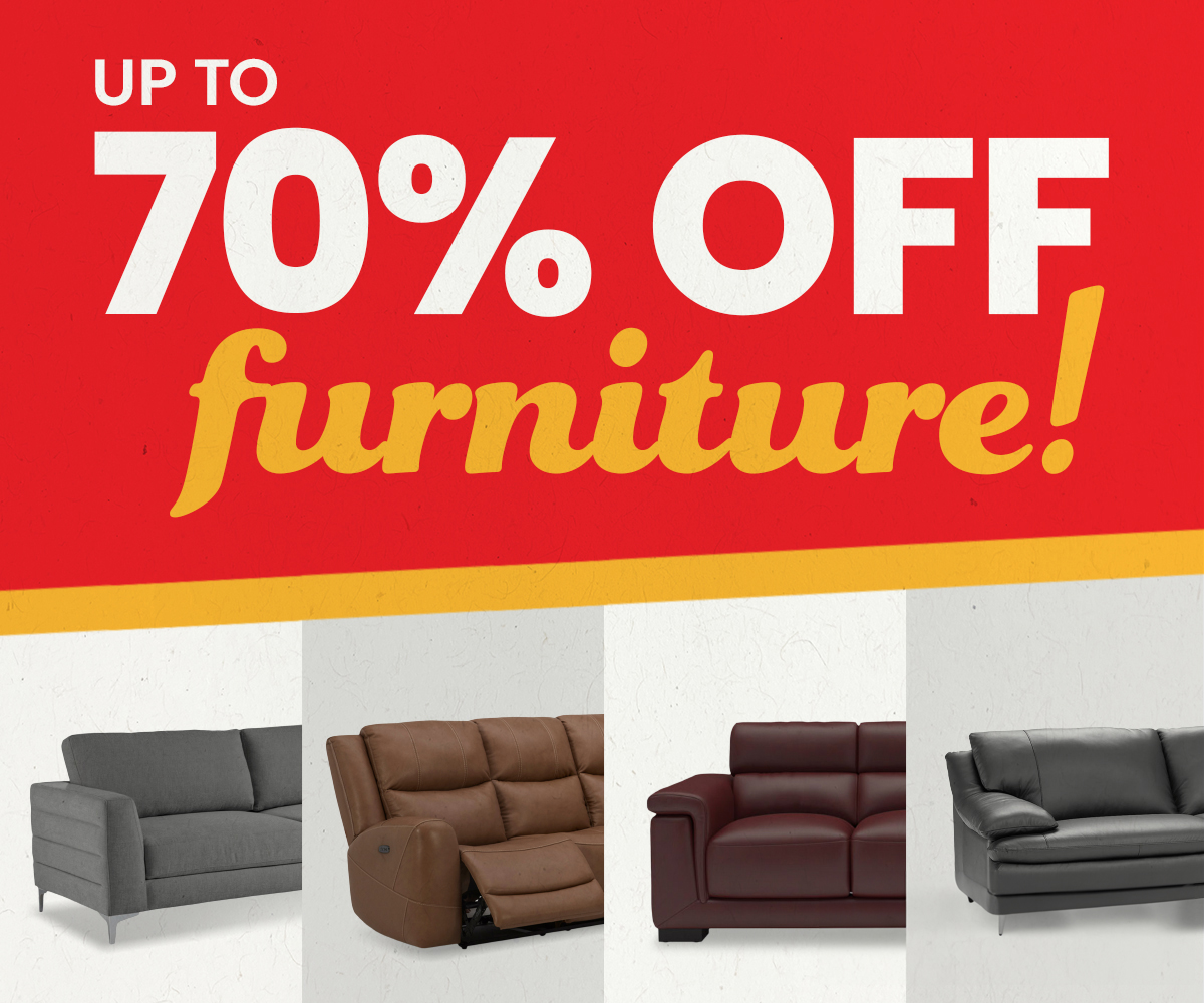 Furniture sale banner advertising up to 70% off furniture, featuring a gray accent chair, brown reclining loveseat, burgundy leather sofa, and black leather sofa..