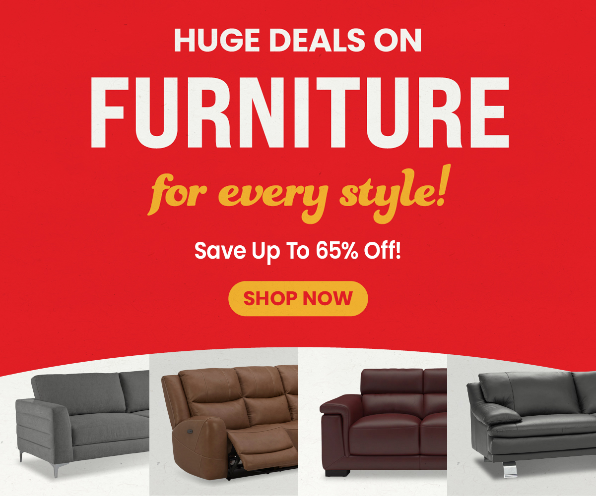 Promotional banner for a furniture sale featuring the text “Huge Deals on Furniture for every style!” with savings up to 65% off and images of gray, brown, and burgundy sofas along the bottom.