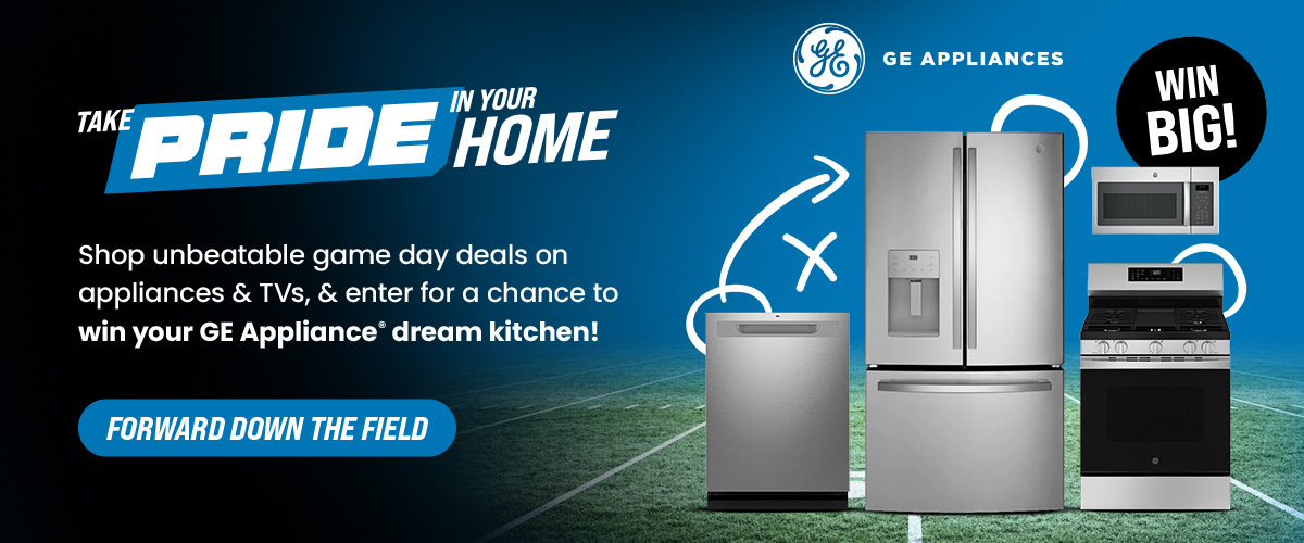 GE Appliances Dream Kitchen Giveaway featuring a stainless steel refrigerator, gas range, dishwasher, and microwave, plus game day appliance and TV deals at ABC Warehouse.