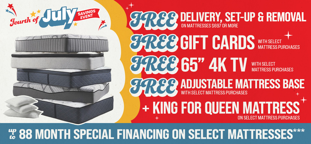  ABC Warehouse Fourth of July mattress sale featuring savings on select mattresses, free delivery, setup and removal, free gift cards, free 65-inch 4K TV, free adjustable base, King for Queen upgrade, and up to 88 months special financing.