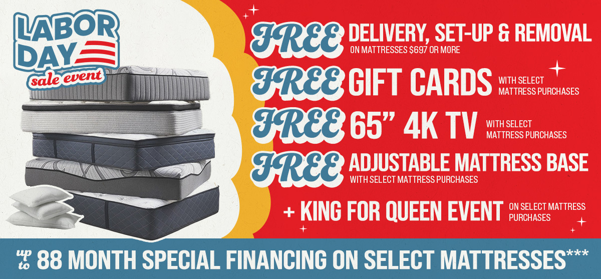 ABC Warehouse Labor Day mattress sale featuring savings on select mattresses, free delivery, setup and removal, free gift cards, free 65-inch 4K TV, free adjustable base, King for Queen upgrade, and up to 88 months special financing.