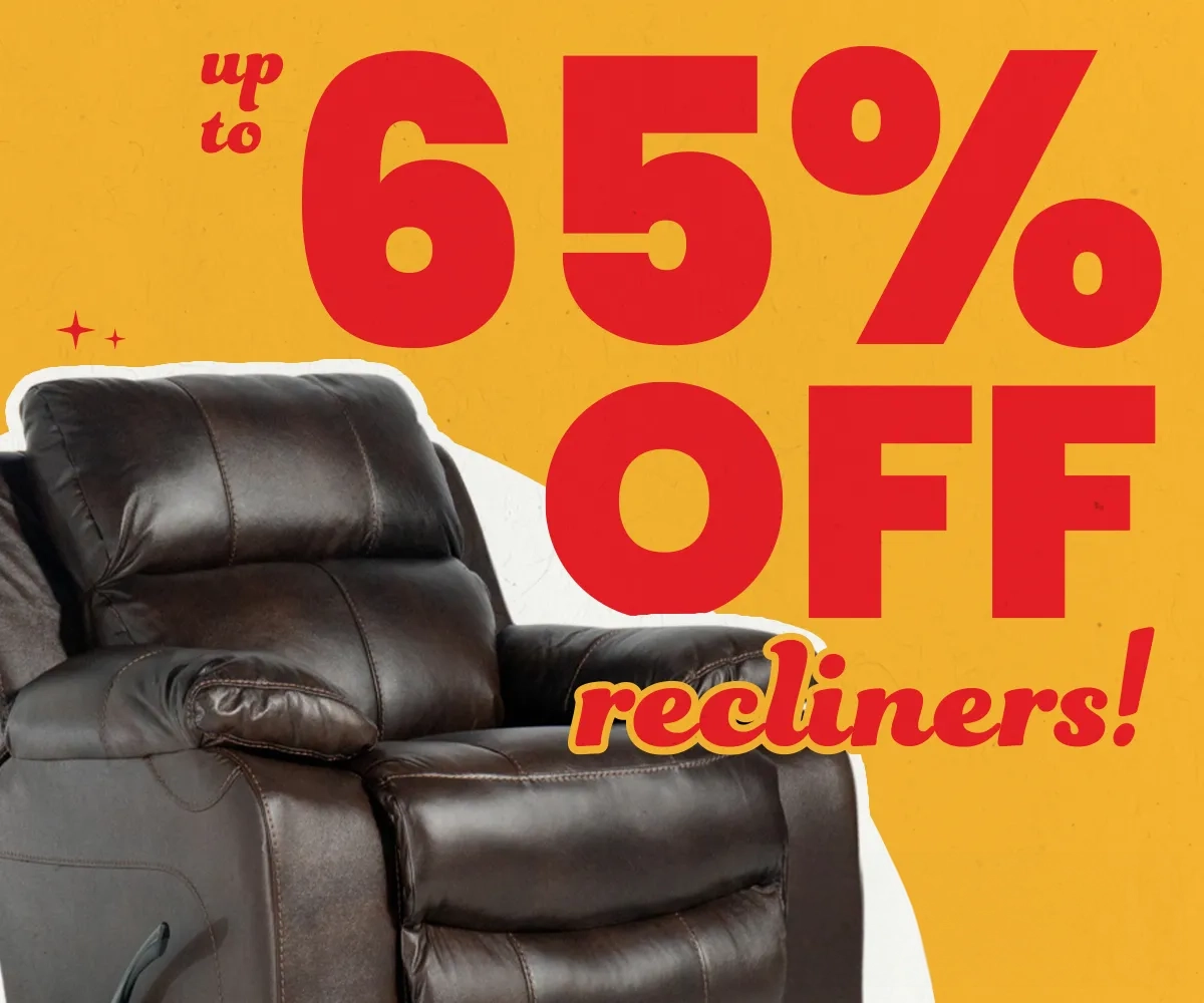 Brown leather recliner featured in a furniture sale promotion with bold text advertising up to 65% off recliners.