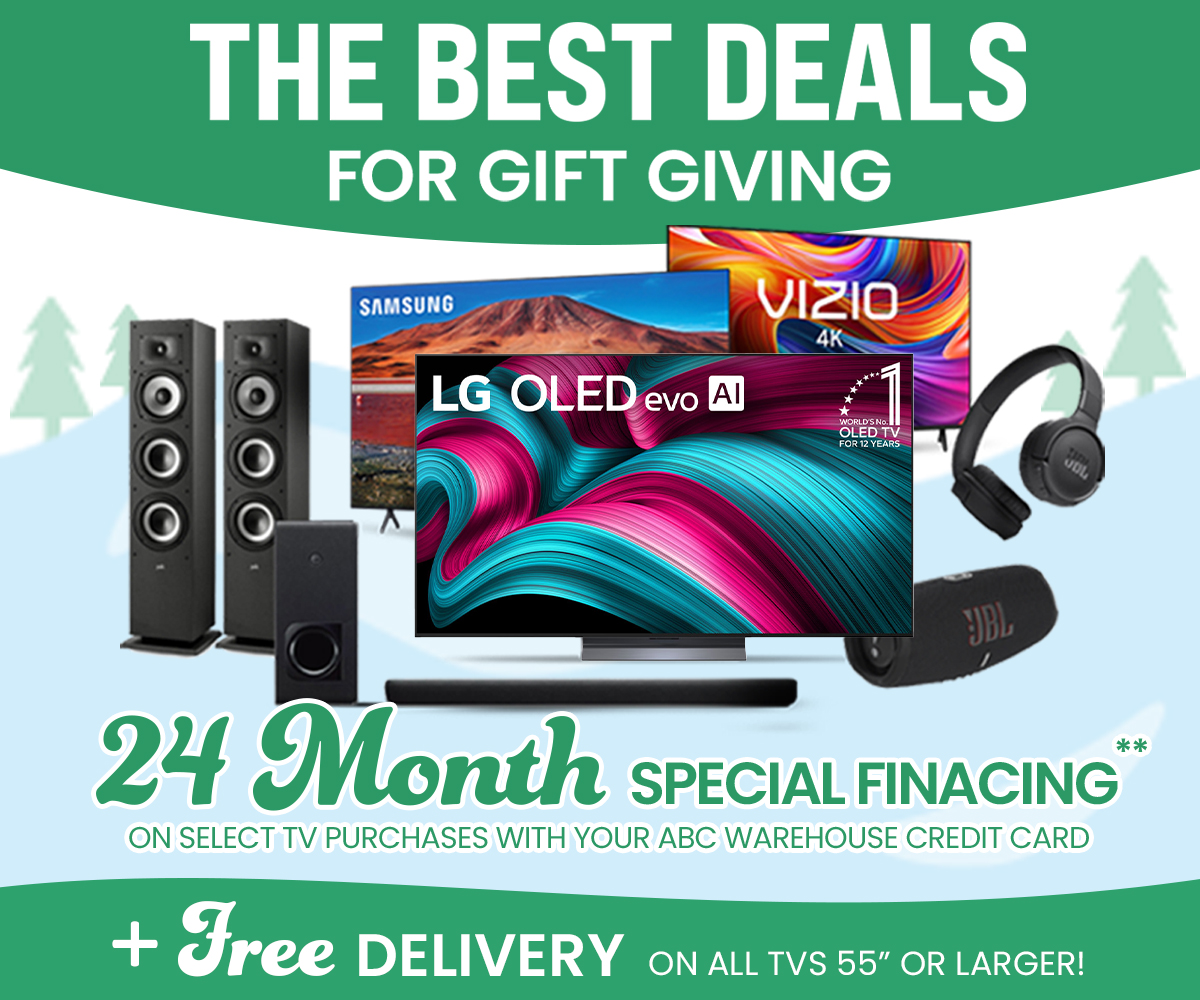 Holiday promotion featuring the best deals for gift giving at ABC Warehouse. Shows TVs from Samsung, LG, and Vizio, a soundbar, tower speakers, JBL portable speaker, and JBL headphones. Highlights 24-month special financing on select TV purchases with ABC Warehouse credit card and free delivery on all TVs 55 inches or larger.