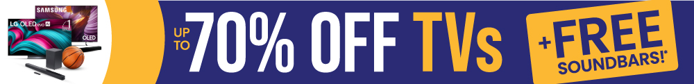 Samsung TVs promotion banner showing up to 70% off televisions, featuring a colorful TV display, a basketball graphic, and a free soundbar offer.